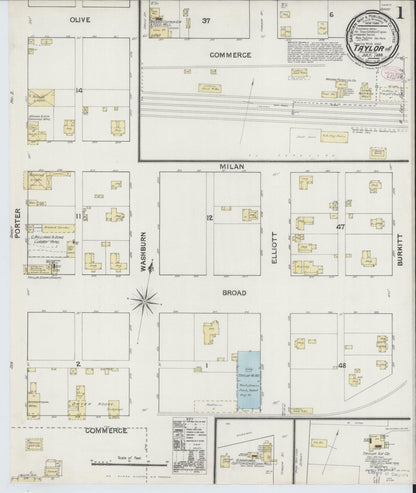 Sanborn Fire Insurance Map from Taylor, Williamson County, Texas (1889), Sheet #0001 - Complete Map Set gallery image, historic Sanborn map, vintage wall art, Texas Texas