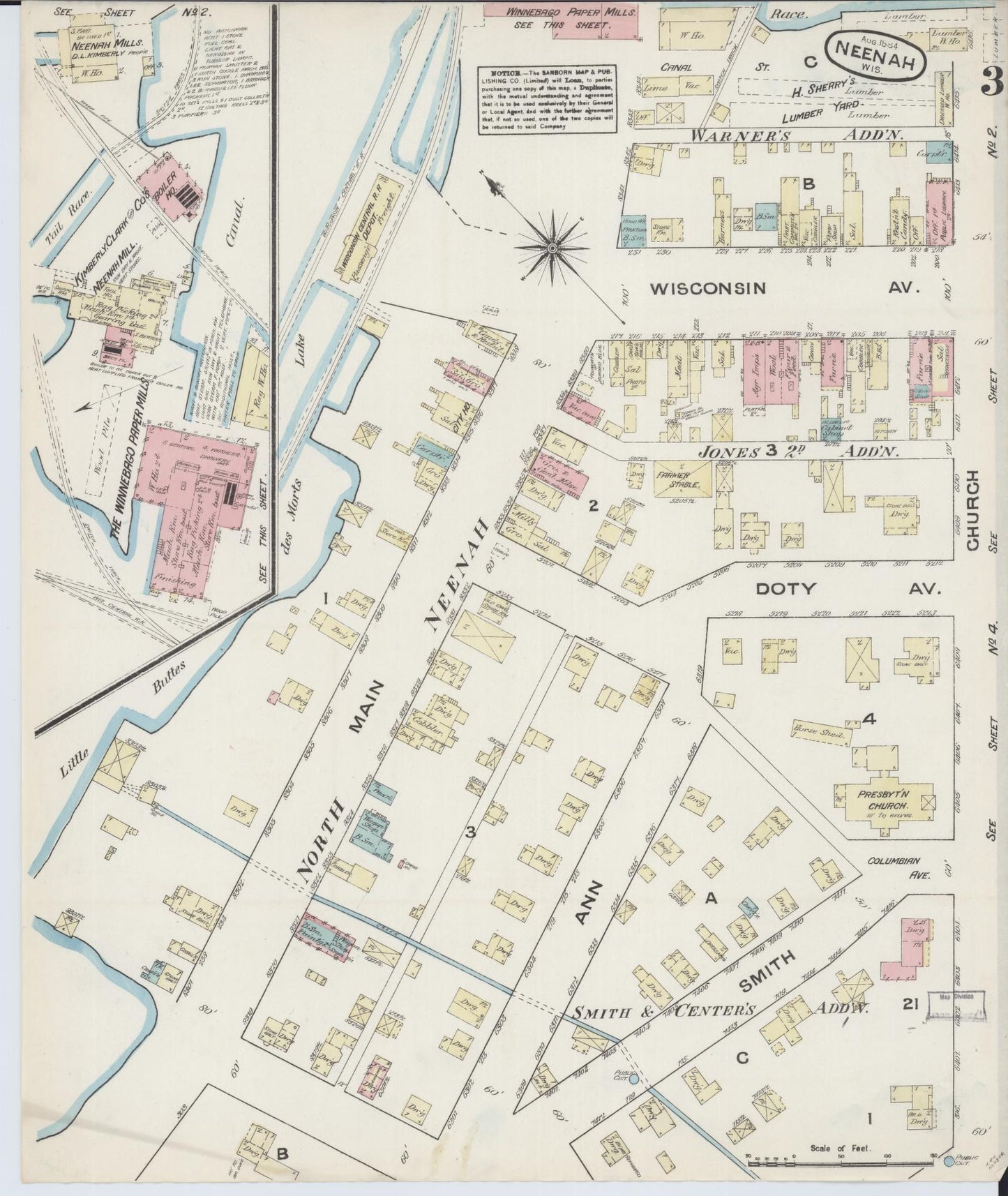 Sanborn Fire Insurance Map from Neenah, Winnebago County, Wisconsin (1884), Sheet #0003 - Historic Sanborn Fire Insurance Map Print, vintage old map wall art, antique decor, genealogy gift, Wisconsin Wisconsin map