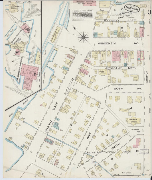 Sanborn Fire Insurance Map from Neenah, Winnebago County, Wisconsin (1884), Sheet #0003 - Historic Sanborn Fire Insurance Map Print, vintage old map wall art, antique decor, genealogy gift, Wisconsin Wisconsin map