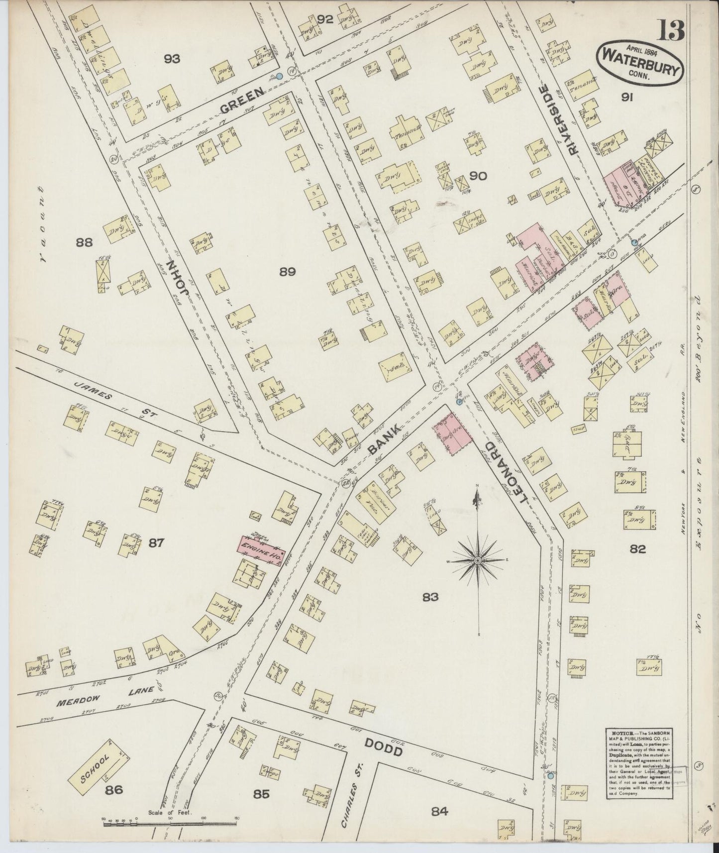 Sanborn Fire Insurance Map from Waterbury, New Haven County, Connecticut (1884), Sheet #0013 - Complete Map Set gallery image, historic Sanborn map, vintage wall art, Connecticut Connecticut