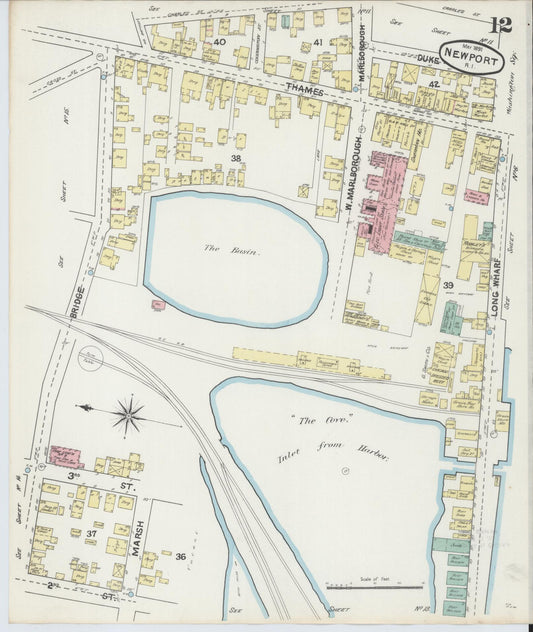 Sanborn Fire Insurance Map from Newport, Newport County, Rhode Island (1891), Sheet #0012 - Historic Sanborn Fire Insurance Map Print, vintage old map wall art, antique decor, genealogy gift, Rhode Island Rhode Island map