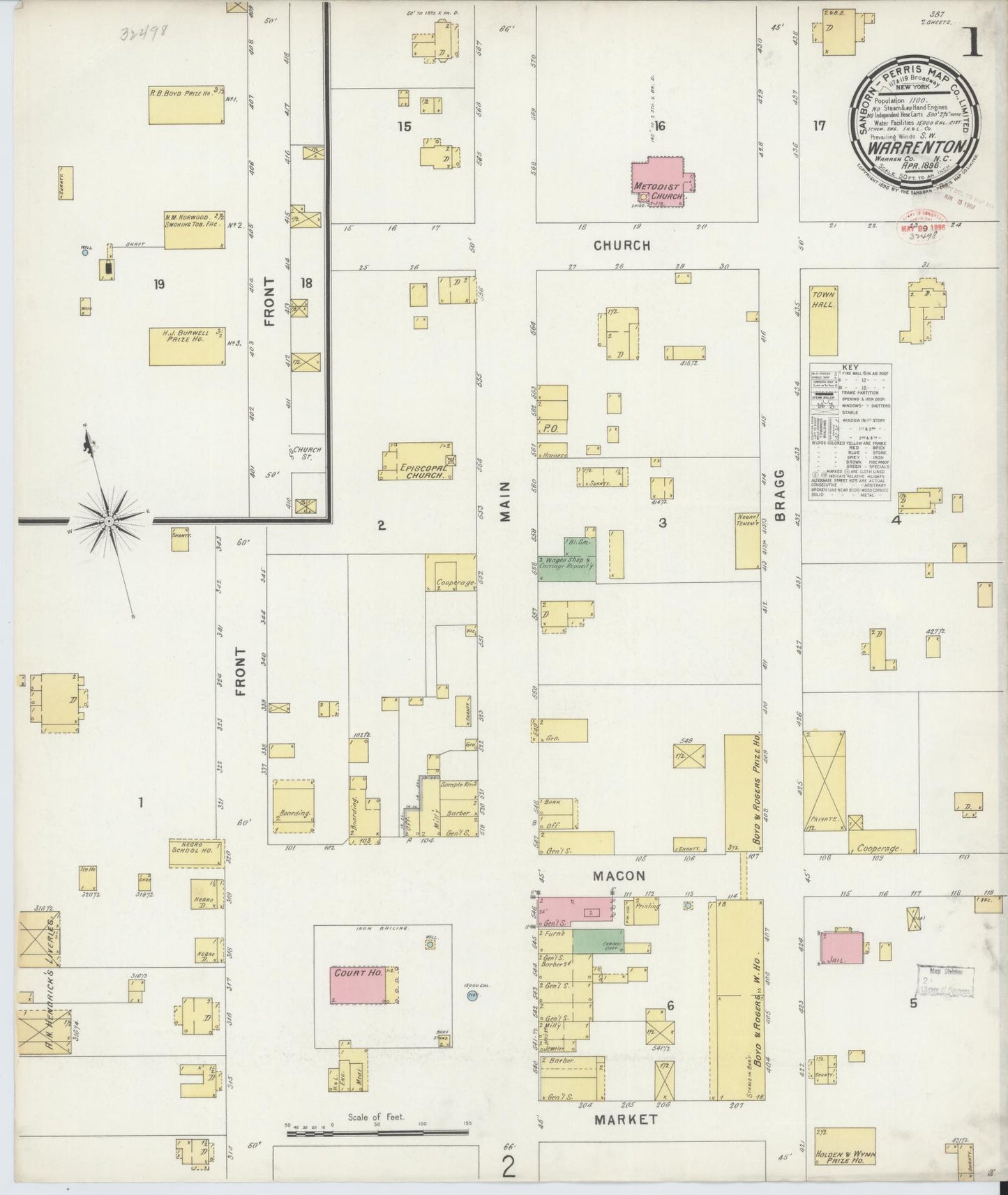 Sanborn Fire Insurance Map from Warrenton, Warren County, North Carolina (1896), Sheet #0001 - Historic Sanborn Fire Insurance Map Print, vintage old map wall art, antique decor, genealogy gift, North Carolina North Carolina map