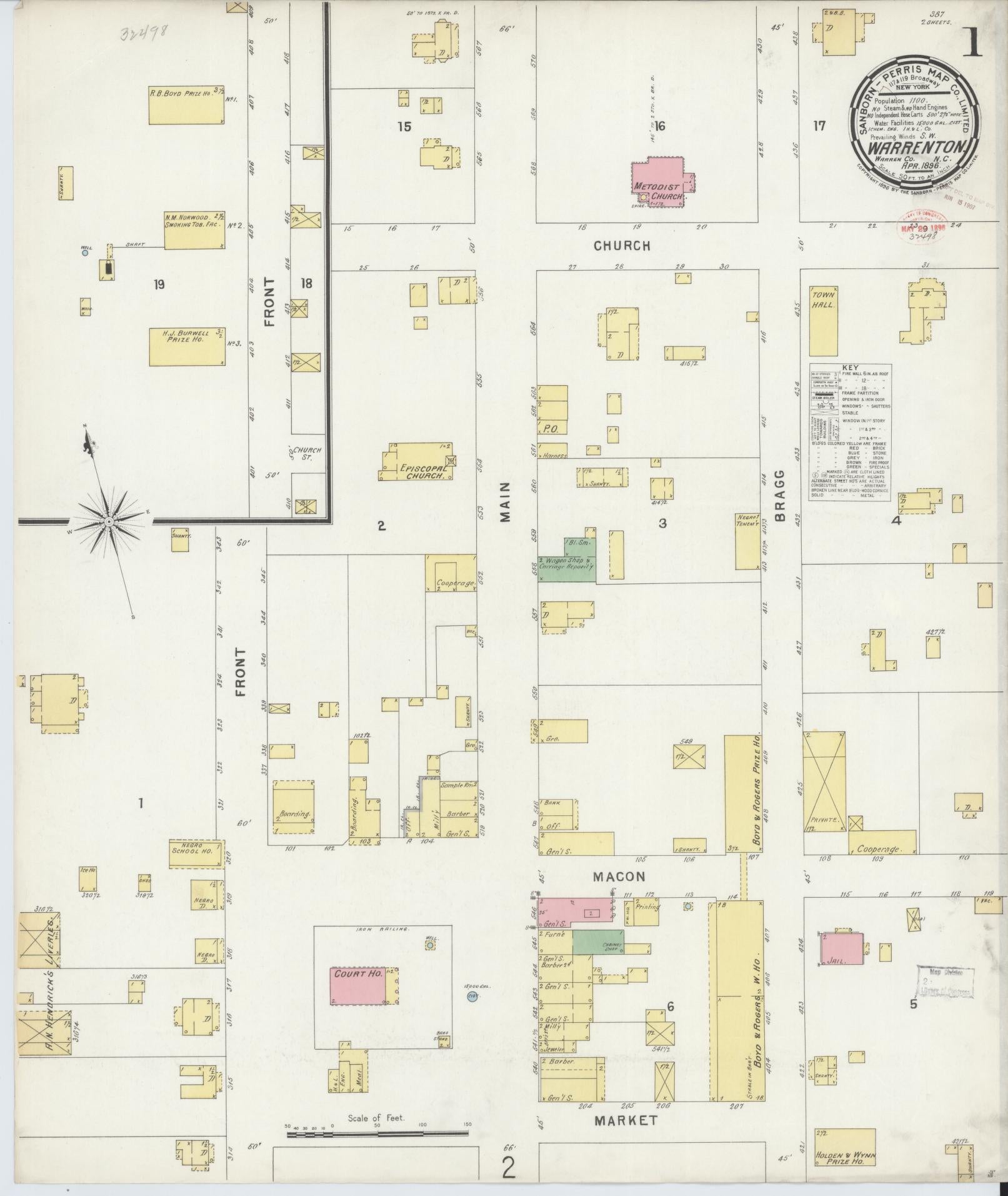 Sanborn Fire Insurance Map from Warrenton, Warren County, North Carolina (1896), Sheet #0001 - Historic Sanborn Fire Insurance Map Print, vintage old map wall art, antique decor, genealogy gift, North Carolina North Carolina map