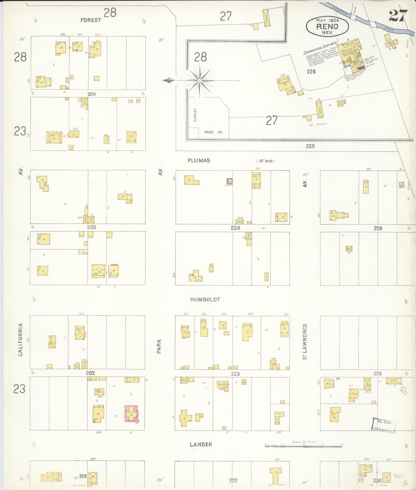 Sanborn Fire Insurance Map from Reno, Washoe County, Nevada (1904), Sheet #0027 - Historic Sanborn Fire Insurance Map Print, vintage old map wall art, antique decor, genealogy gift, Nevada Nevada map