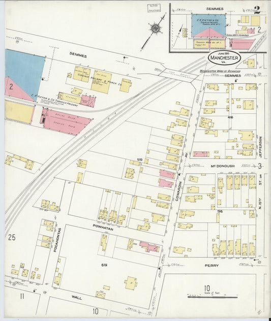Sanborn Fire Insurance Map from Manchester, Chesterfield County, Virginia (1910), Sheet #0002 - Historic Sanborn Fire Insurance Map Print, vintage old map wall art, antique decor, genealogy gift, Virginia Virginia map