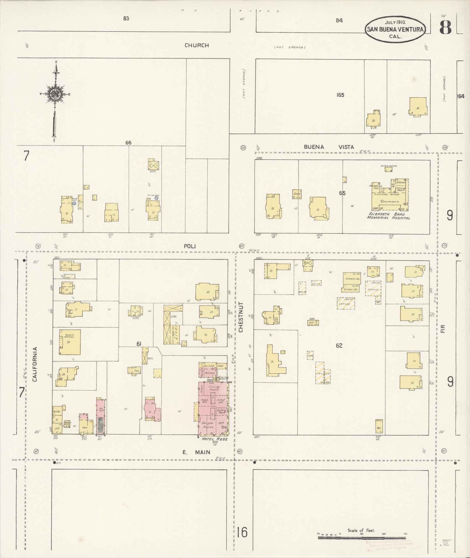 Sanborn Fire Insurance Map from San Buenaventura, Ventura County, California (1910), Sheet #0008 - Complete Map Set gallery image, historic Sanborn map, vintage wall art, California California