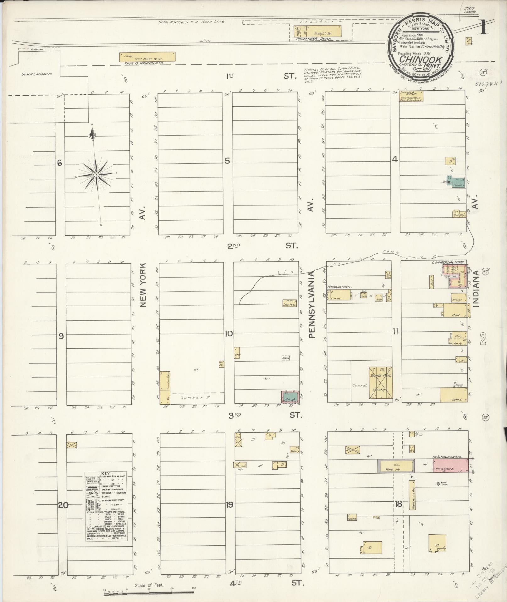 Sanborn Fire Insurance Map from Chinook, Blaine County, Montana (1892), Sheet #0001 - Historic Sanborn Fire Insurance Map Print, vintage old map wall art, antique decor, genealogy gift, Montana Montana map