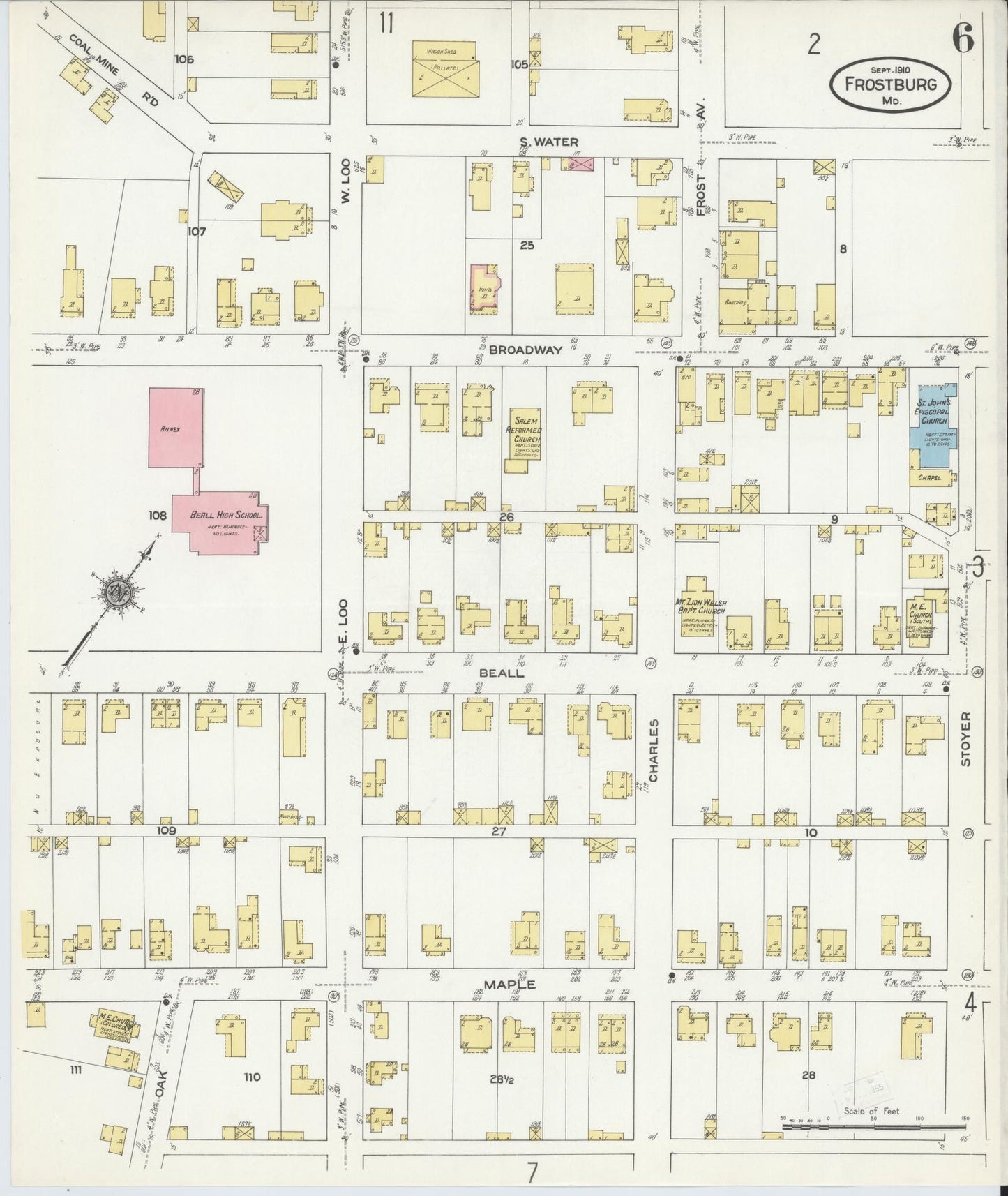 Sanborn Fire Insurance Map from Frostburg, Allegany County, Maryland (1910), Sheet #0006 - Complete Map Set gallery image, historic Sanborn map, vintage wall art, Maryland Maryland