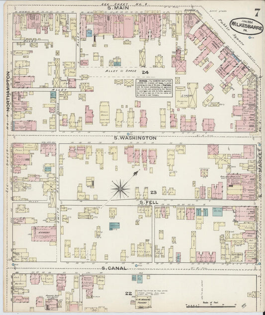 Sanborn Fire Insurance Map from Wilkes Barre, Luzerne County, Pennsylvania (1884), Sheet #0007 - Historic Sanborn Fire Insurance Map Print, vintage old map wall art, antique decor, genealogy gift, Pennsylvania Pennsylvania map
