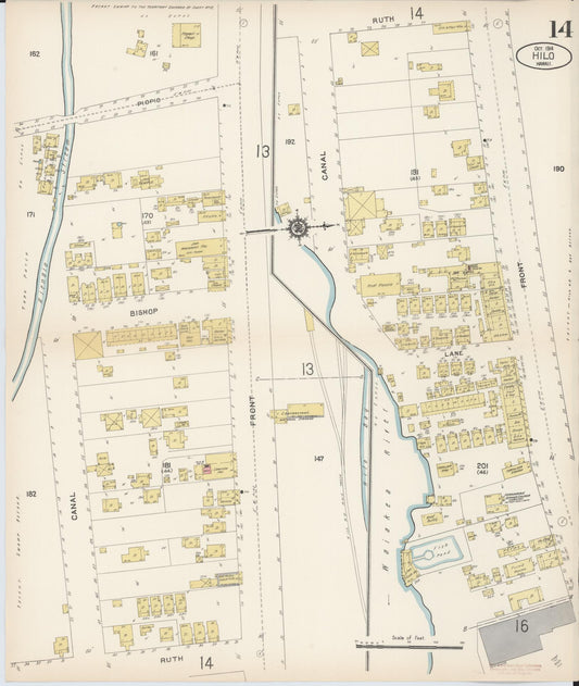 Sanborn Fire Insurance Map from Hilo, Hawaii County, Hawaii (1914), Sheet #0014 - Historic Sanborn Fire Insurance Map Print, vintage old map wall art