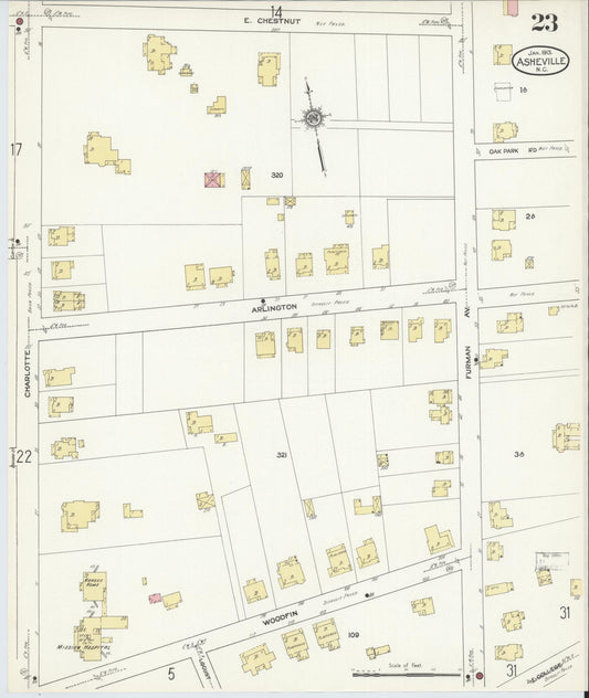 Sanborn Fire Insurance Map from Asheville, Buncombe County, North Carolina (1913), Sheet #0023 - Historic Sanborn Fire Insurance Map Print, vintage old map wall art, antique decor, genealogy gift, North Carolina North Carolina map