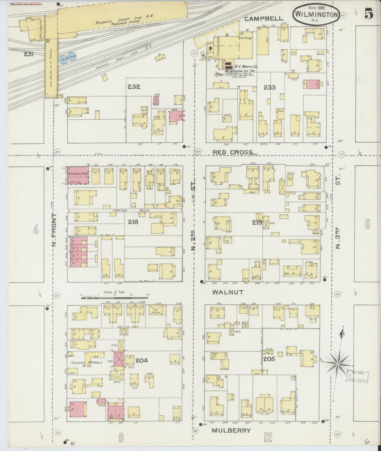 Sanborn Fire Insurance Map from Wilmington, New Hanover County, North Carolina (1893), Sheet #0005 - Complete Map Set gallery image, historic Sanborn map, vintage wall art, North Carolina North Carolina