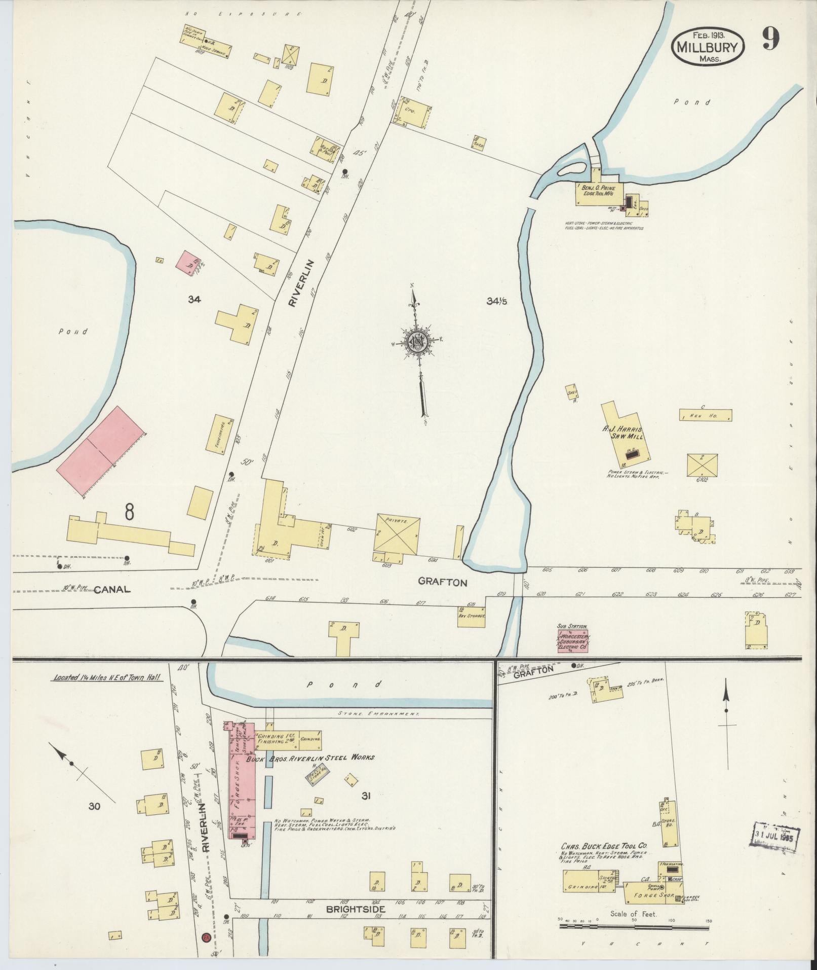 Sanborn Fire Insurance Map from Millbury, Worcester County, Massachusetts (1913), Sheet #0009 - Complete Map Set gallery image, historic Sanborn map, vintage wall art, Massachusetts Massachusetts
