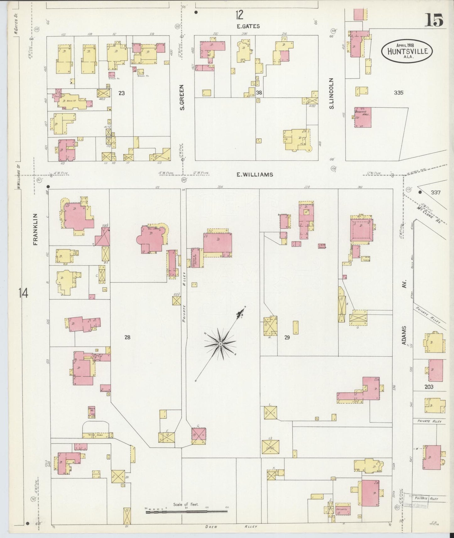 Sanborn Fire Insurance Map from Huntsville, Madison County, Alabama (1908), Sheet #0015 - Complete Map Set gallery image, historic Sanborn map, vintage wall art, Alabama Alabama
