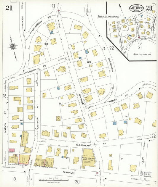 Sanborn Fire Insurance Map from Melrose, Middlesex County, Massachusetts (1923), Sheet #0021 - Historic Sanborn Fire Insurance Map Print, vintage old map wall art, antique decor, genealogy gift, Massachusetts Massachusetts map