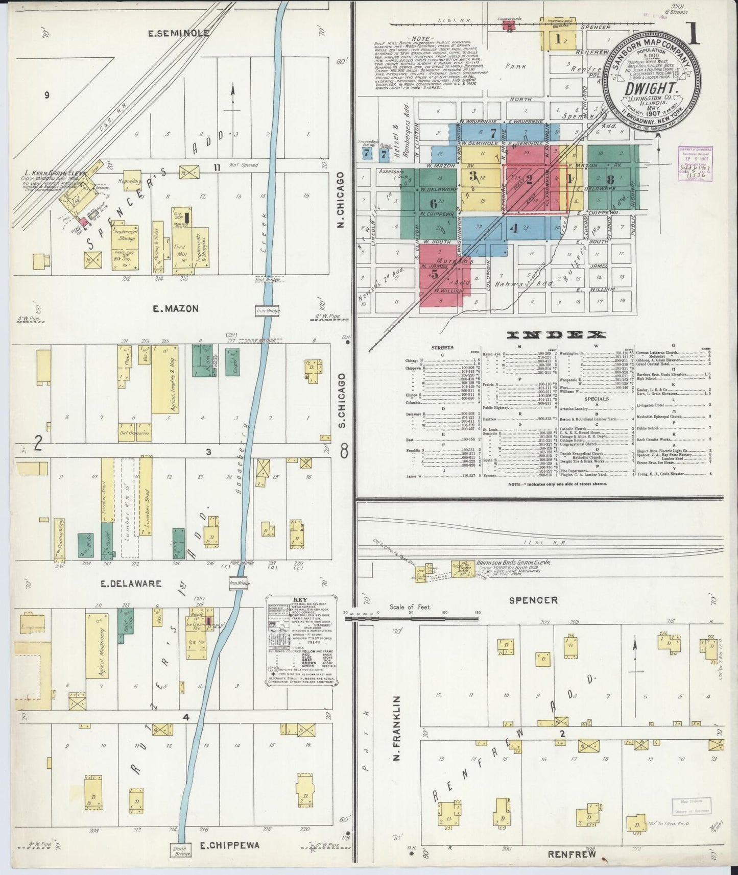 Sanborn Fire Insurance Map from Dwight, Livingston County, Illinois (1907), Sheet #0001 - Historic Sanborn Fire Insurance Map Print, vintage old map wall art, antique decor, genealogy gift, Illinois Illinois map