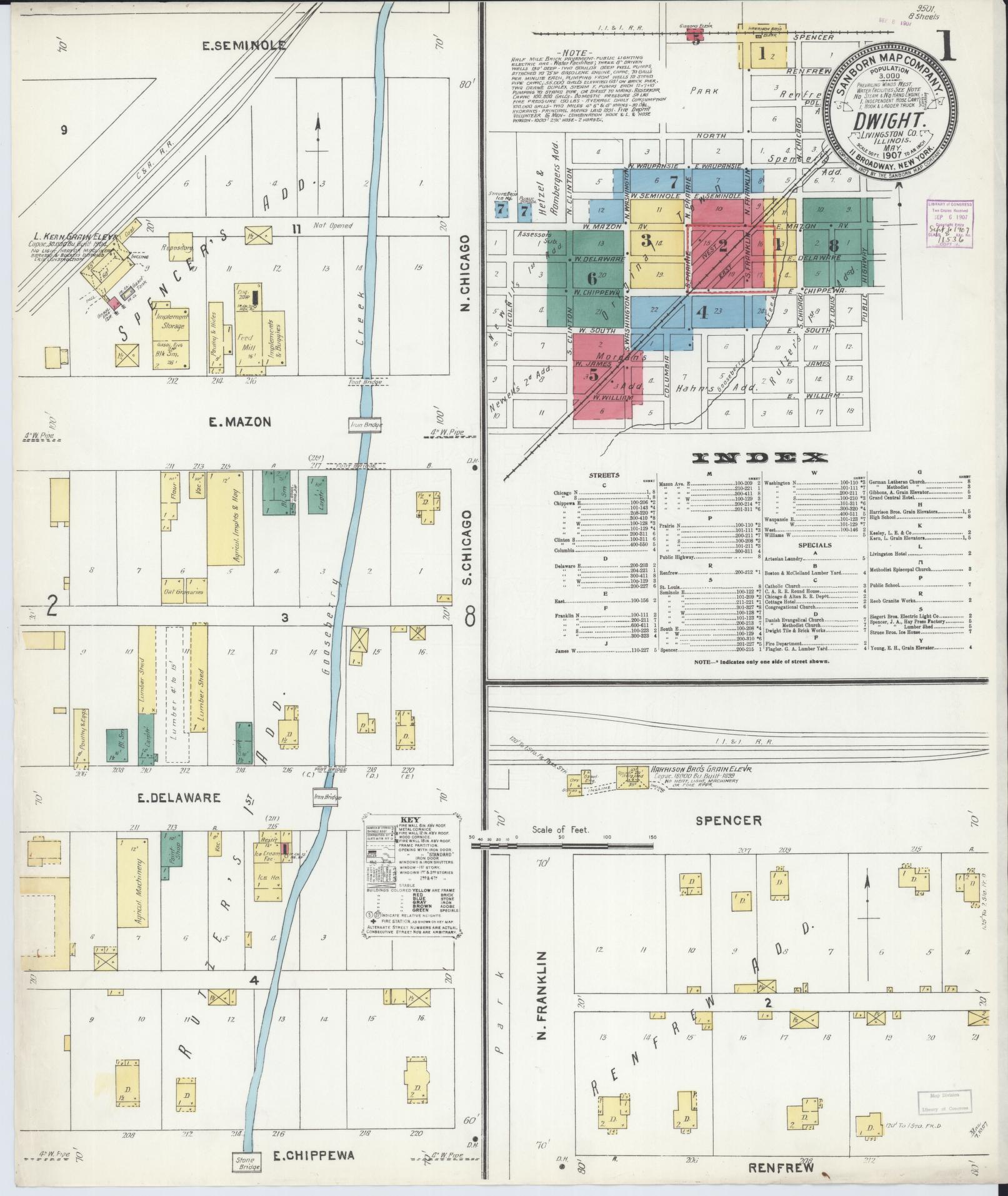 Sanborn Fire Insurance Map from Dwight, Livingston County, Illinois (1907), Sheet #0001 - Historic Sanborn Fire Insurance Map Print, vintage old map wall art, antique decor, genealogy gift, Illinois Illinois map