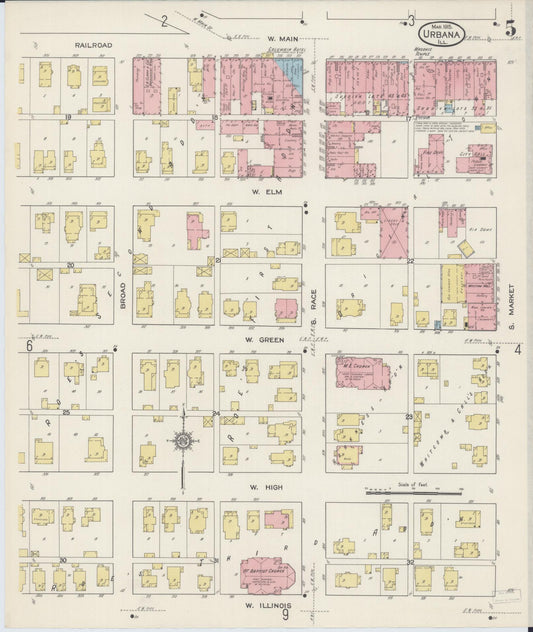 Sanborn Fire Insurance Map from Urbana, Champaign County, Illinois (1915), Sheet #0005 - Historic Sanborn Fire Insurance Map Print, vintage old map wall art, antique decor, genealogy gift, Illinois Illinois map