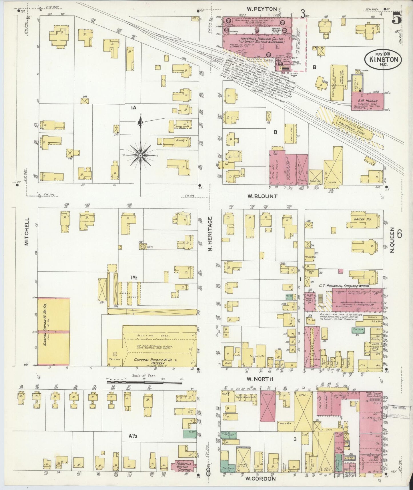 Sanborn Fire Insurance Map from Kinston, Lenoir County, North Carolina (1908), Sheet #0005 - Historic Sanborn Fire Insurance Map Print, vintage old map wall art, antique decor, genealogy gift, North Carolina North Carolina map