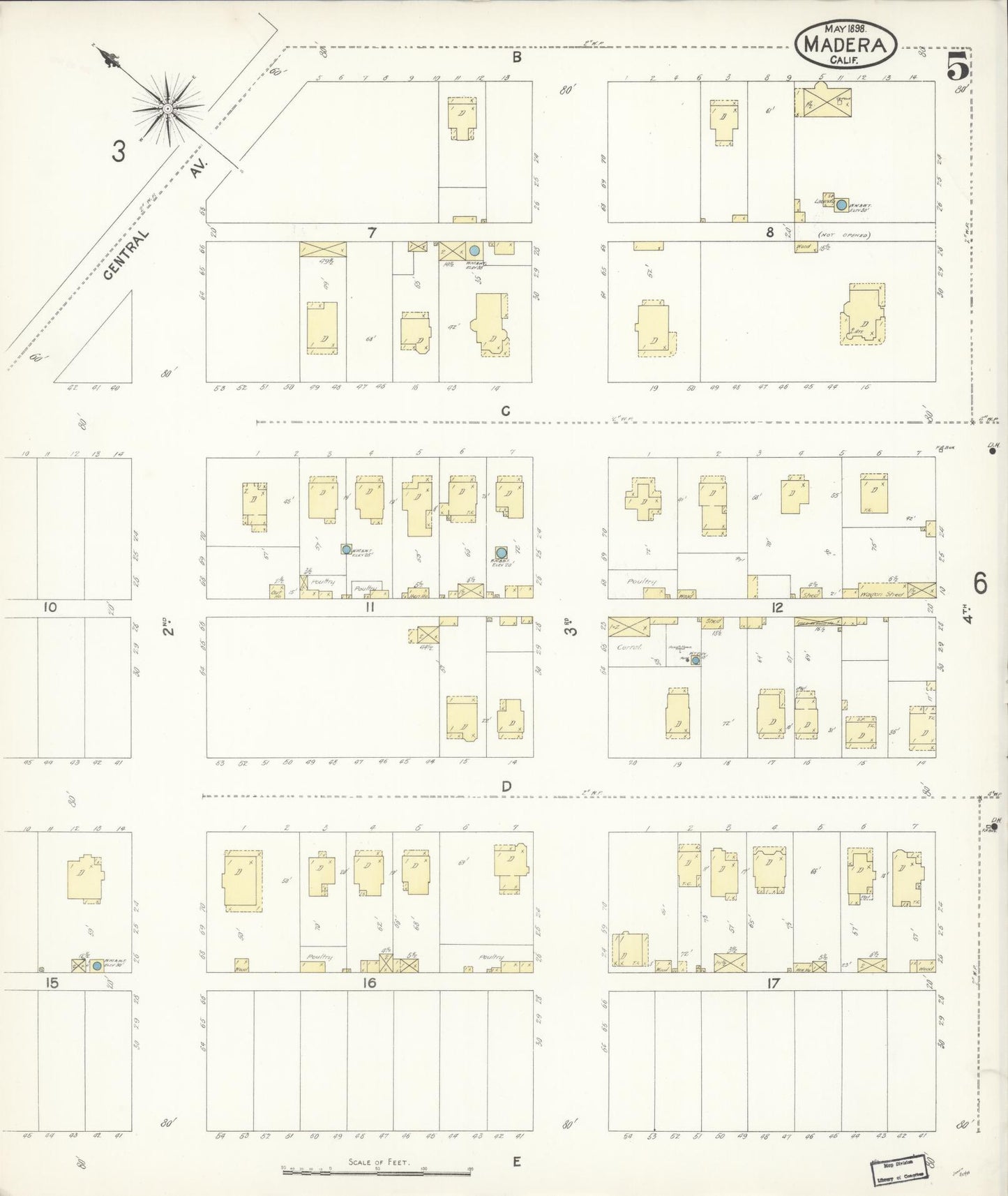Sanborn Fire Insurance Map from Madera, Madera County, California (1898), Sheet #0005 - Historic Sanborn Fire Insurance Map Print, vintage old map wall art, antique decor, genealogy gift, California California map