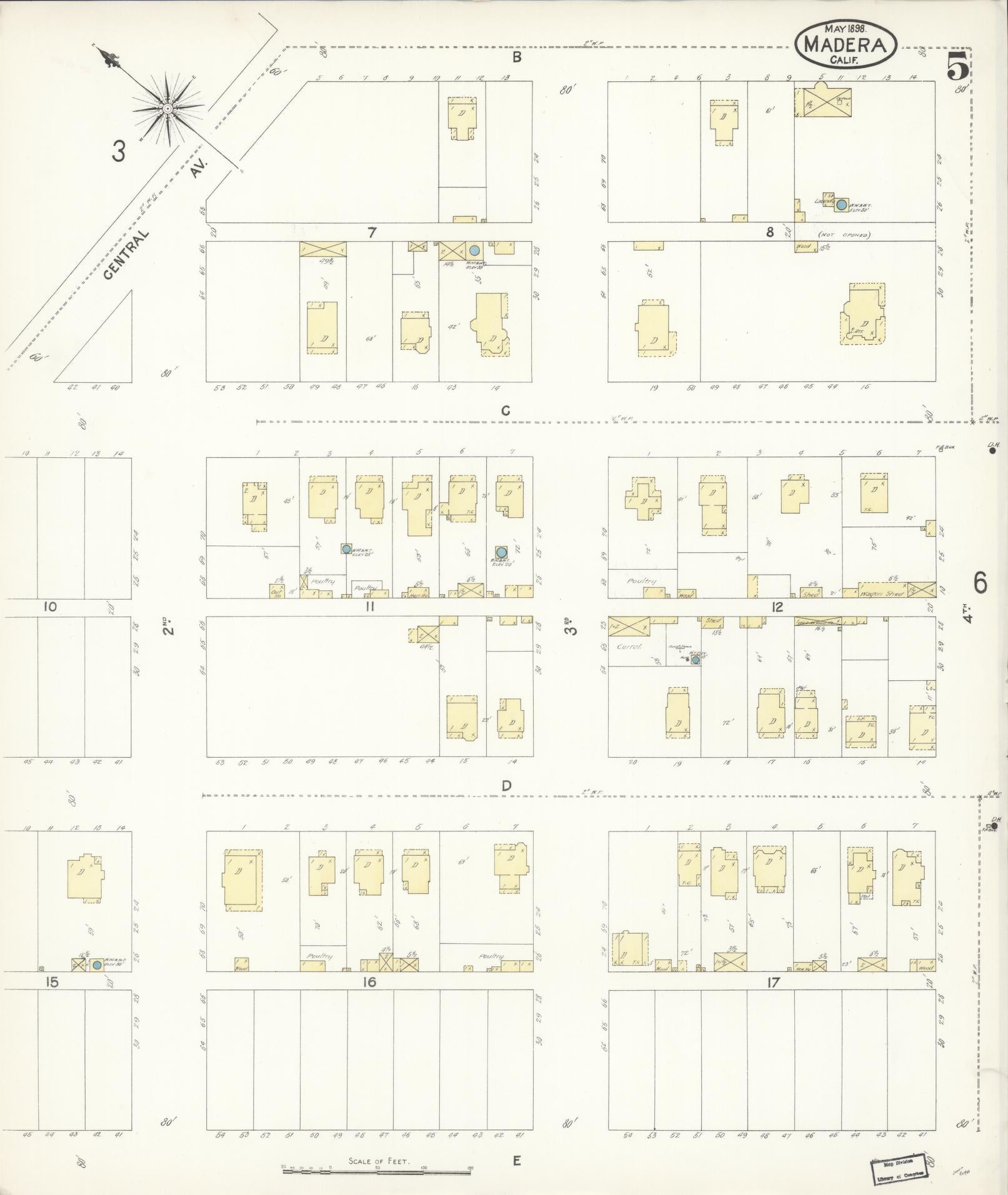 Sanborn Fire Insurance Map from Madera, Madera County, California (1898), Sheet #0005 - Historic Sanborn Fire Insurance Map Print, vintage old map wall art, antique decor, genealogy gift, California California map