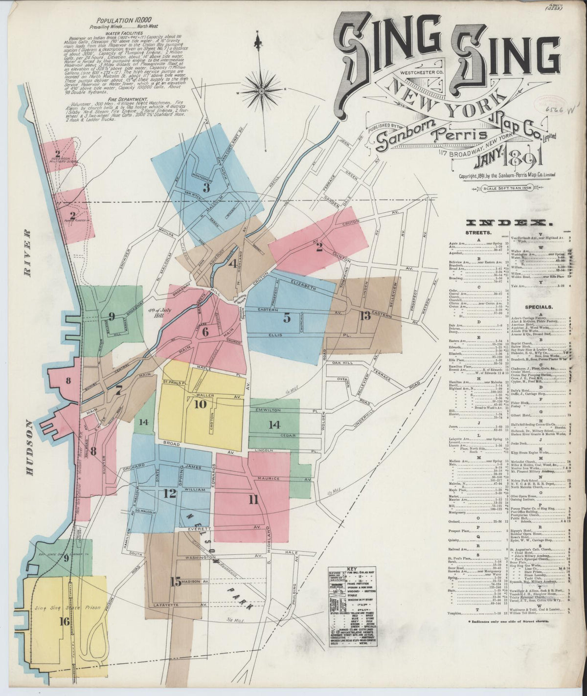 Sanborn Fire Insurance Map from Sing Sing, Westchester County, New York (1891), Sheet #0001 - Historic Sanborn Fire Insurance Map Print, vintage old map wall art, antique decor, genealogy gift, New York New York map