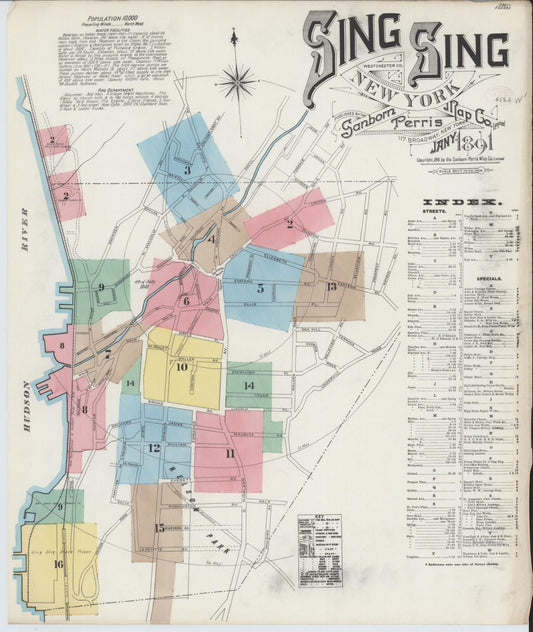 Sanborn Fire Insurance Map from Sing Sing, Westchester County, New York (1891), Sheet #0001 - Historic Sanborn Fire Insurance Map Print, vintage old map wall art, antique decor, genealogy gift, New York New York map