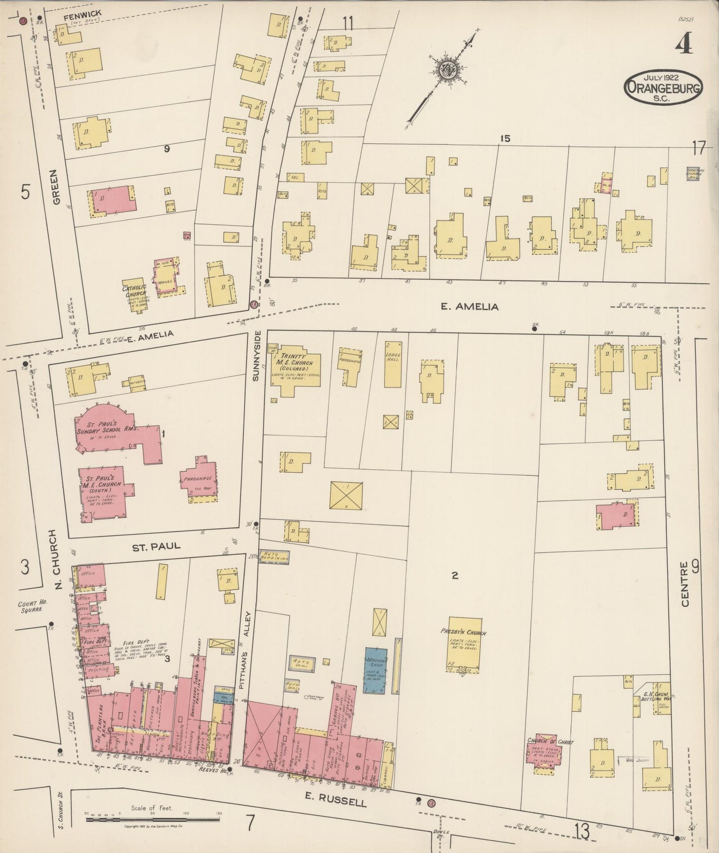 Sanborn Fire Insurance Map from Orangeburg, Orangeburg County, South Carolina (1922), Sheet #0004 - Complete Map Set gallery image, historic Sanborn map, vintage wall art, South Carolina South Carolina