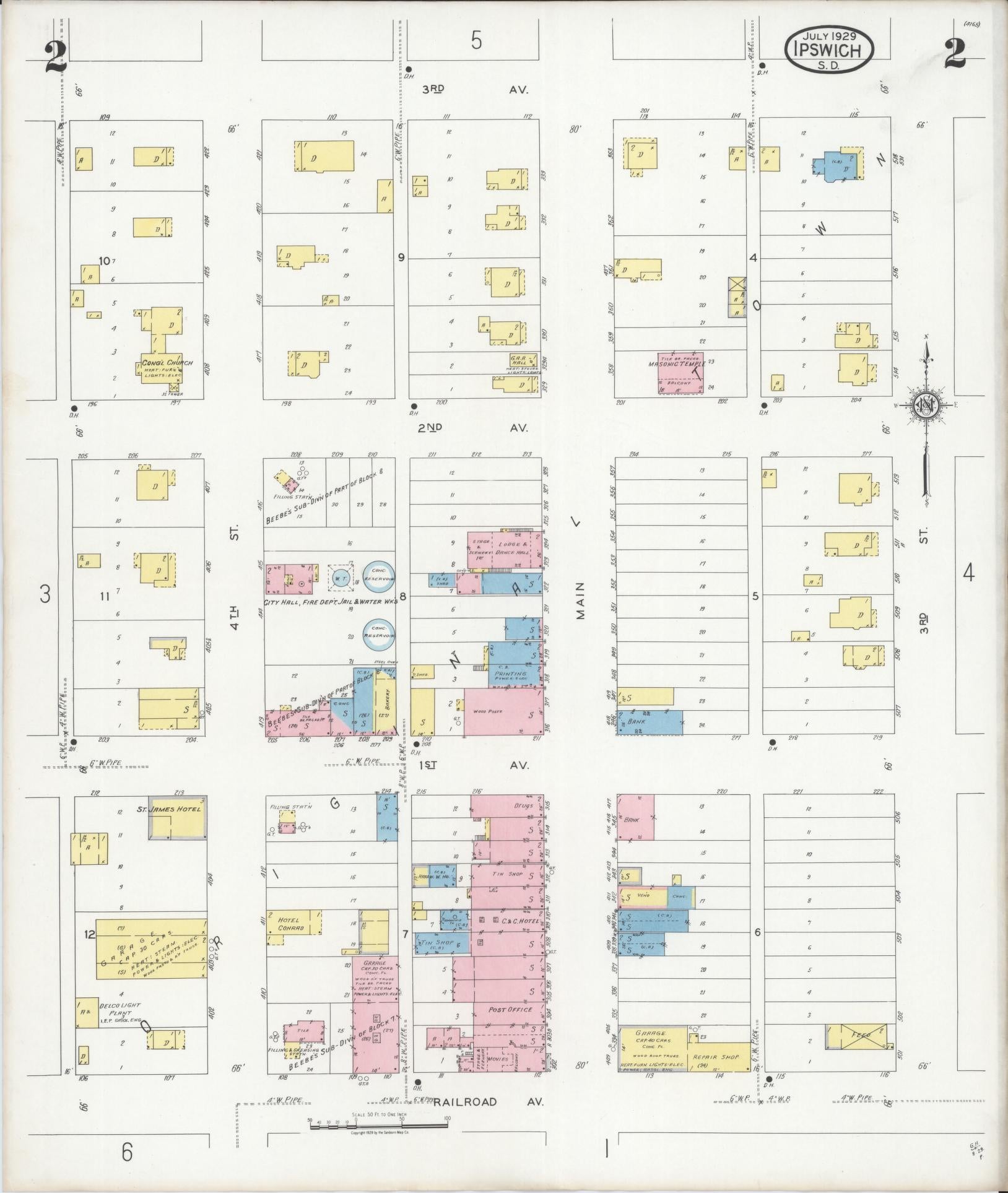 Sanborn Fire Insurance Map from Ipswich, Edmunds County, South Dakota (1929), Sheet #0002 - Complete Map Set gallery image, historic Sanborn map, vintage wall art, South Dakota South Dakota