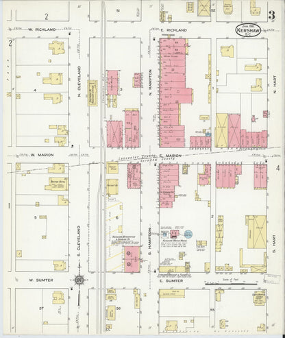 Sanborn Fire Insurance Map from Kershaw, Kershaw And Lancaster Counties, South Carolina (1916), Sheet #0003 - Complete Map Set gallery image, historic Sanborn map, vintage wall art, South Carolina South Carolina