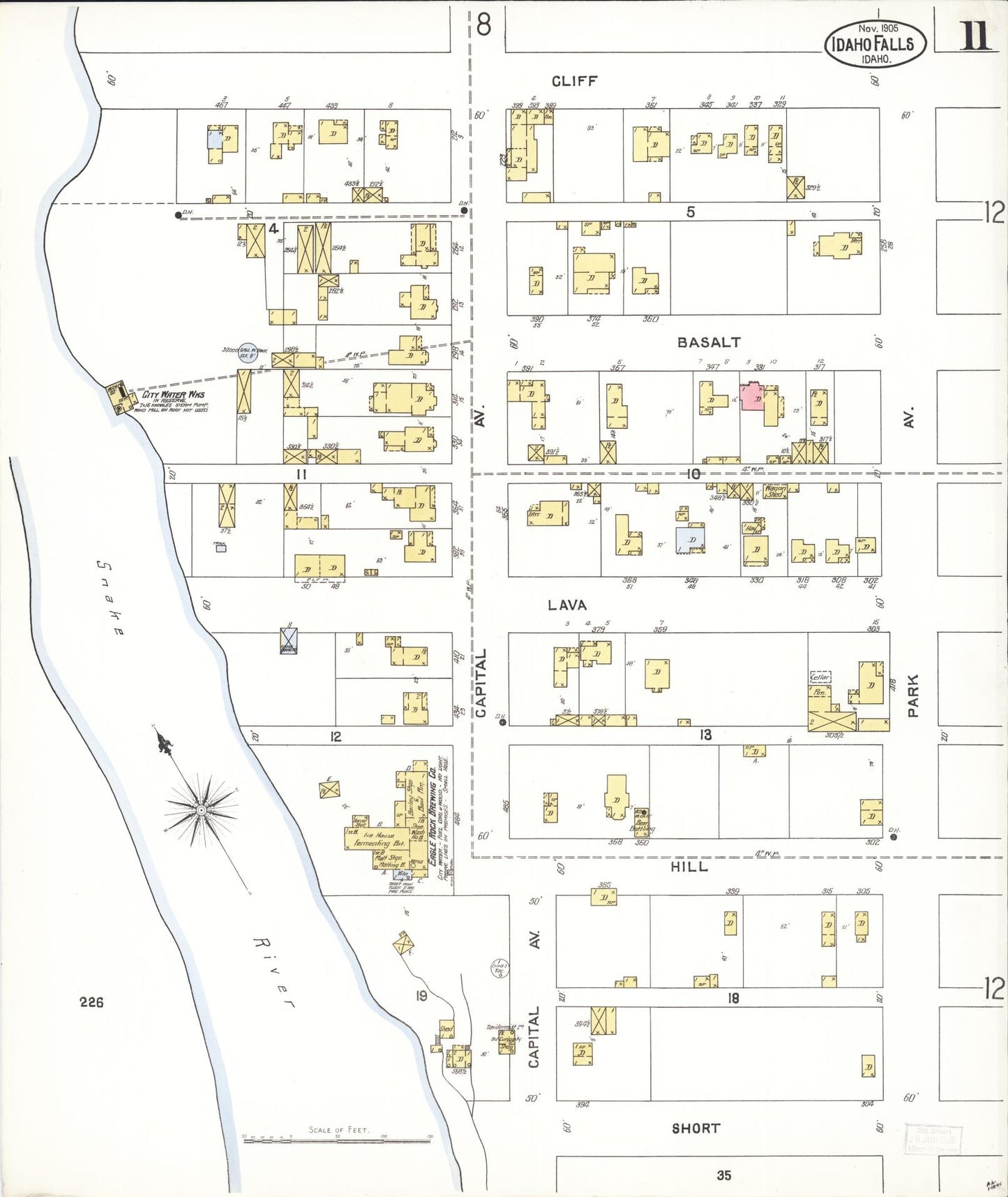 Sanborn Fire Insurance Map from Idaho Falls, Bonneville County, Idaho (1905), Sheet #0011 - Complete Map Set gallery image, historic Sanborn map, vintage wall art, Idaho Idaho