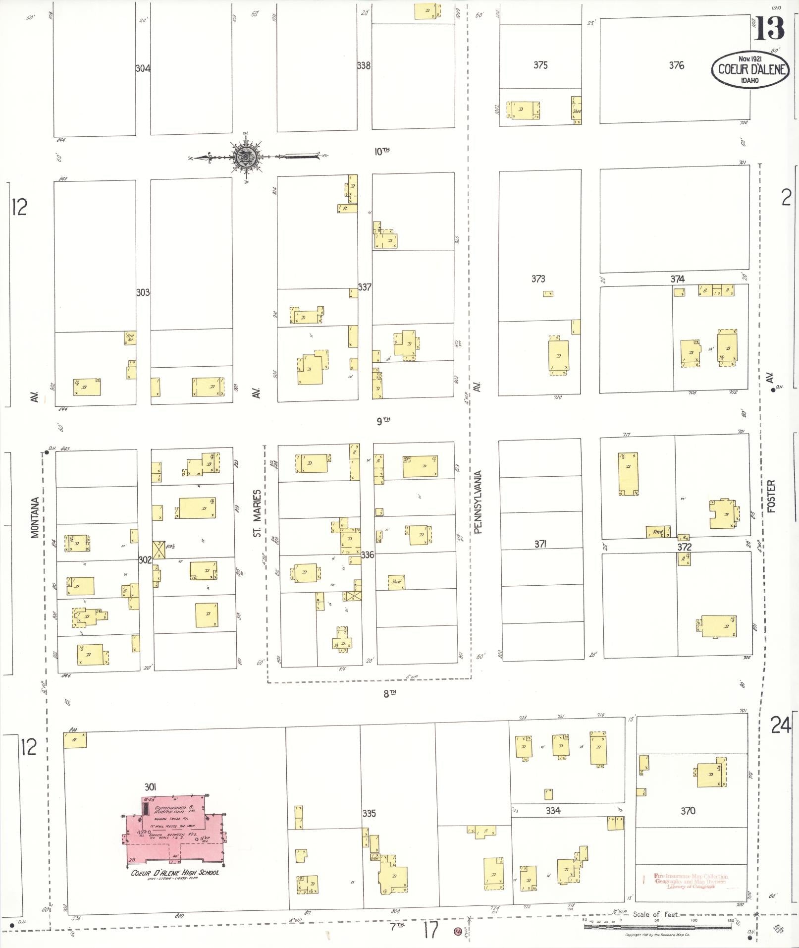 Sanborn Fire Insurance Map from Coeur D'alene, Kootenai County, Idaho (1921), Sheet #0013 - Complete Map Set gallery image, historic Sanborn map, vintage wall art, Idaho Idaho