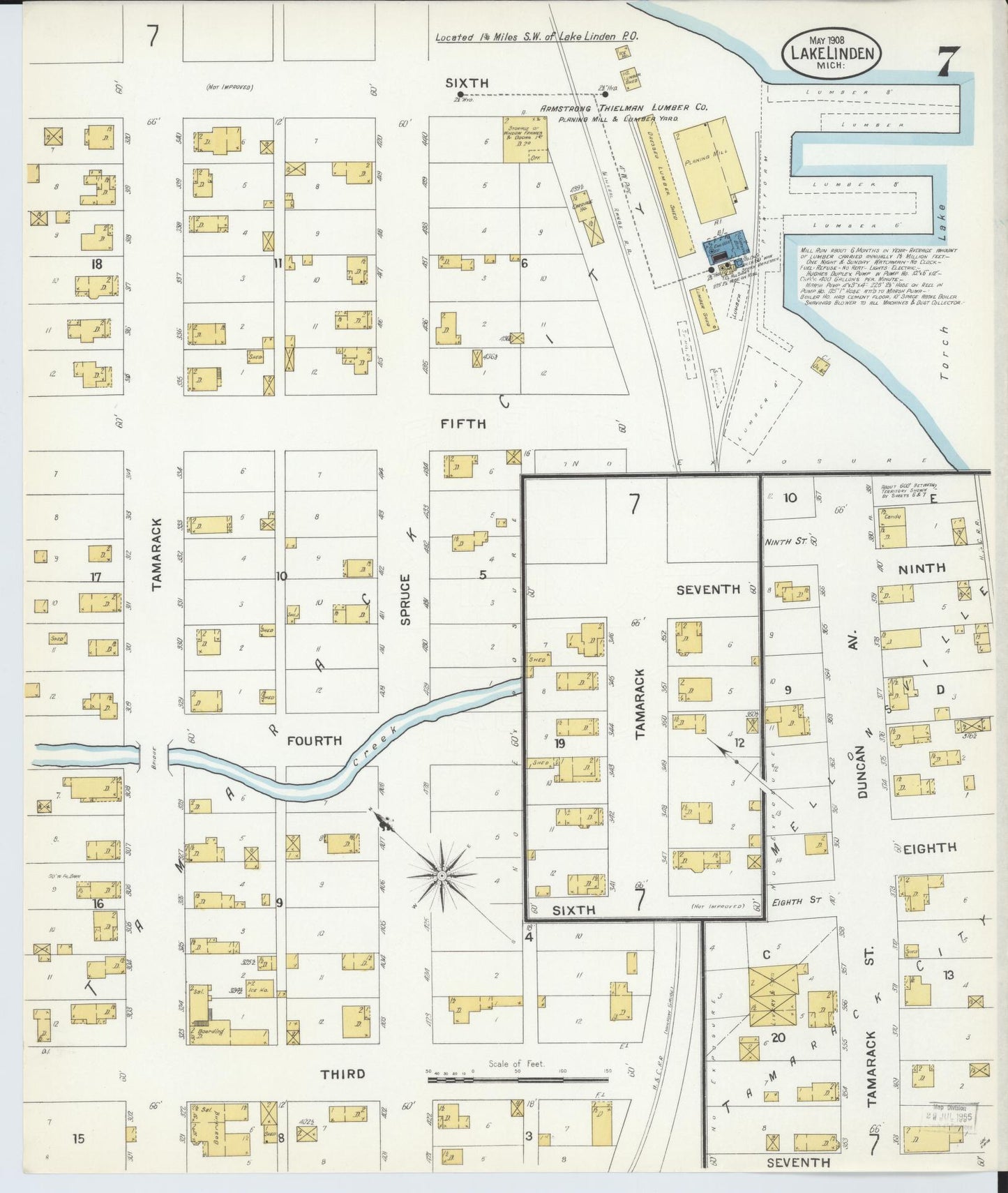 Sanborn Fire Insurance Map from Lake Linden, Houghton County, Michigan (1908), Sheet #0007 - Historic Sanborn Fire Insurance Map Print, vintage old map wall art, antique decor, genealogy gift, Michigan Michigan map
