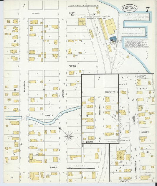 Sanborn Fire Insurance Map from Lake Linden, Houghton County, Michigan (1908), Sheet #0007 - Historic Sanborn Fire Insurance Map Print, vintage old map wall art, antique decor, genealogy gift, Michigan Michigan map