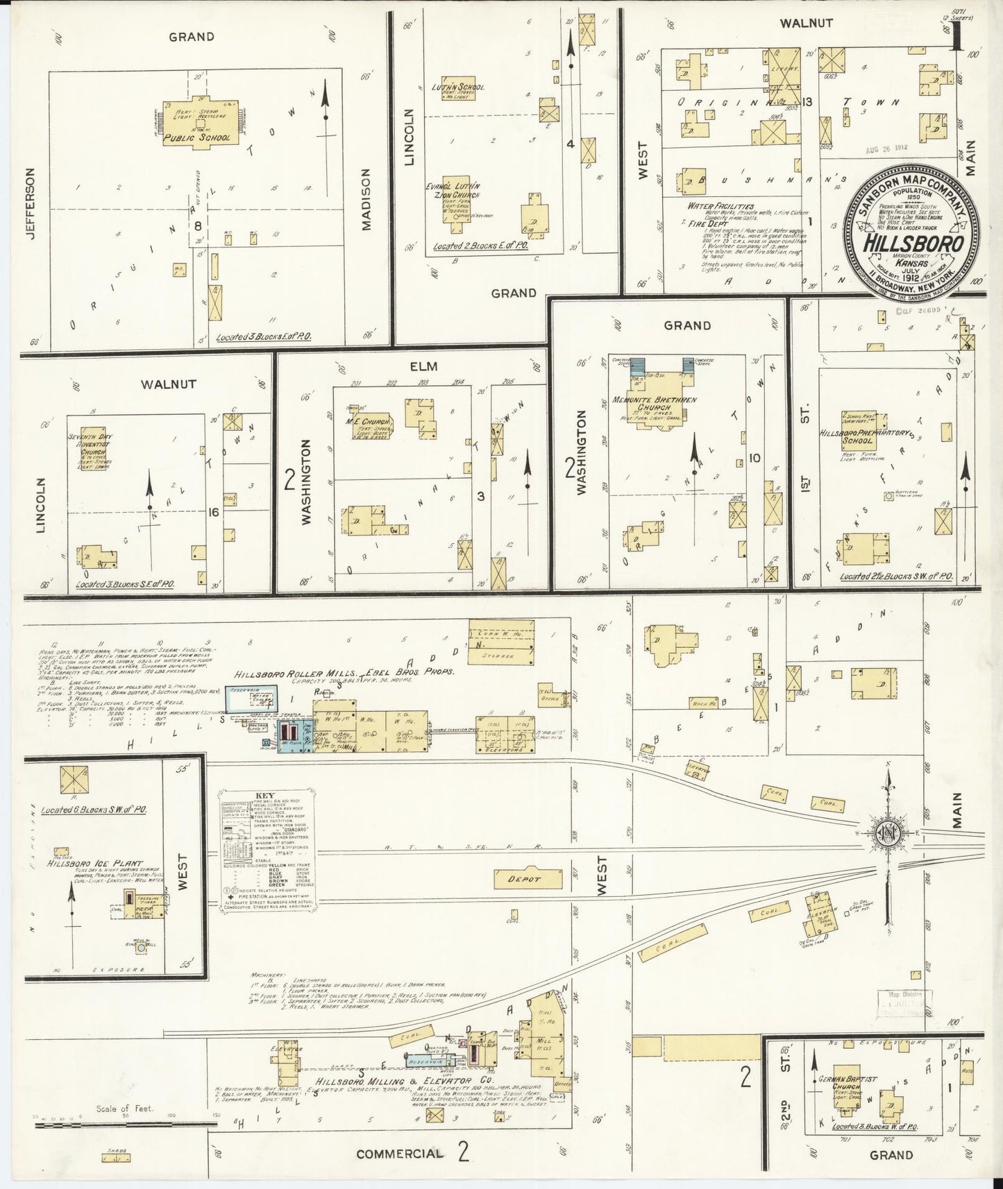 Sanborn Fire Insurance Map from Hillsboro, Marion County, Kansas (1912), Sheet #0001 - Historic Sanborn Fire Insurance Map Print, vintage old map wall art, antique decor, genealogy gift, Kansas Kansas map