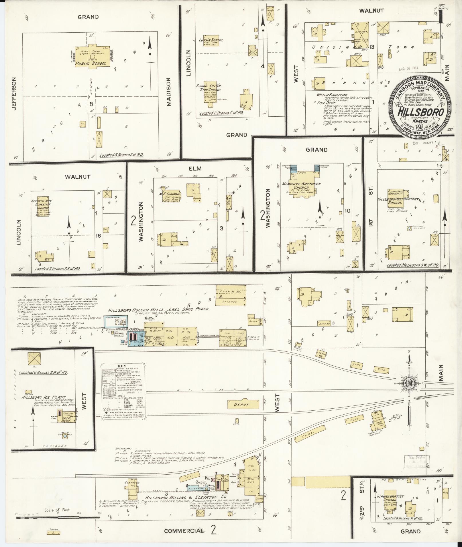 Sanborn Fire Insurance Map from Hillsboro, Marion County, Kansas (1912), Sheet #0001 - Historic Sanborn Fire Insurance Map Print, vintage old map wall art, antique decor, genealogy gift, Kansas Kansas map