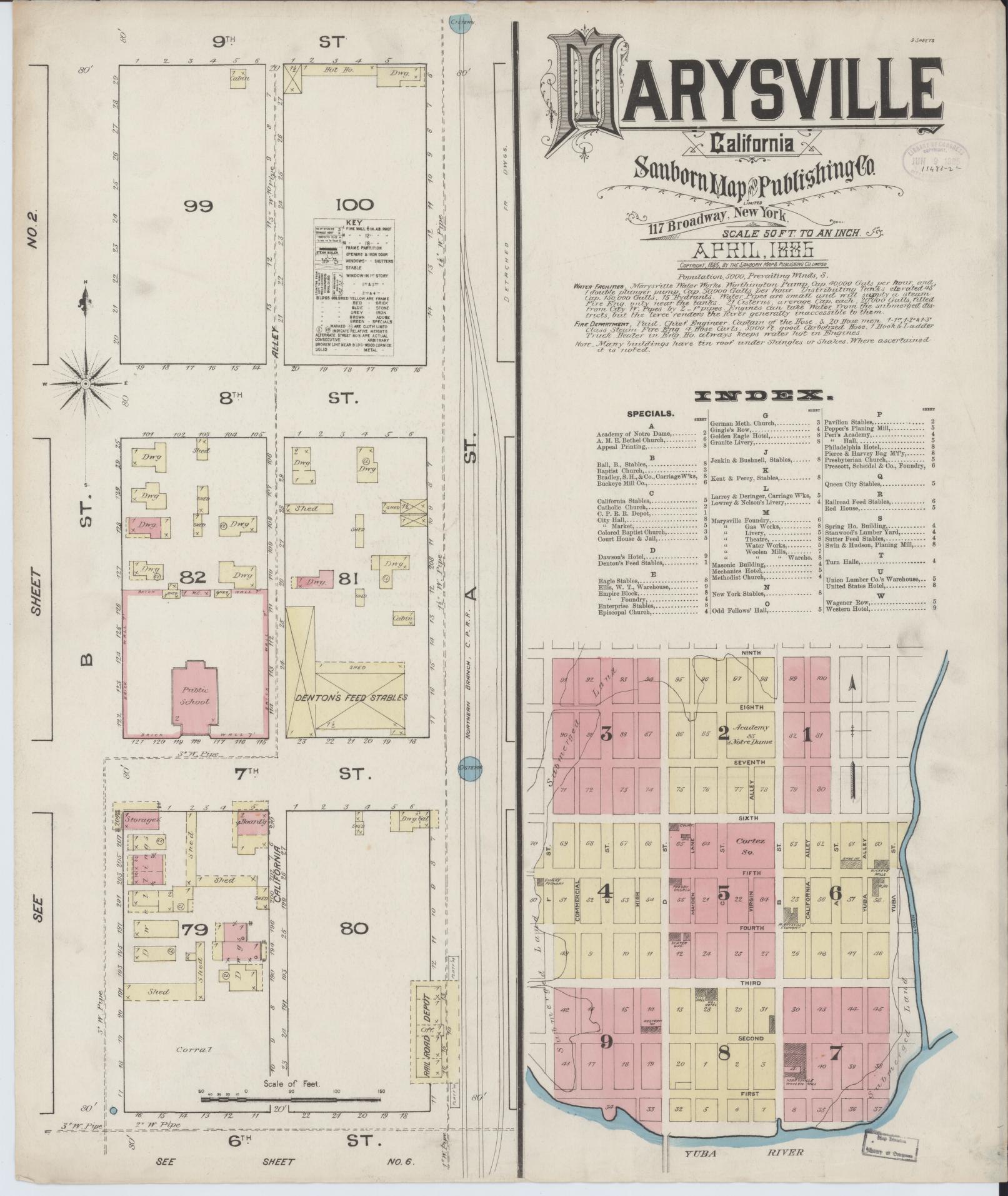 Sanborn Fire Insurance Map from Marysville, Yuba County, California (1885), Sheet #0001 - Historic Sanborn Fire Insurance Map Print, vintage old map wall art, antique decor, genealogy gift, California California map