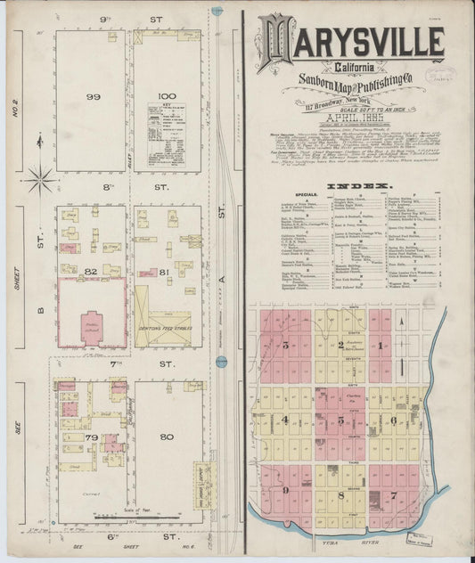 Sanborn Fire Insurance Map from Marysville, Yuba County, California (1885), Sheet #0001 - Historic Sanborn Fire Insurance Map Print, vintage old map wall art, antique decor, genealogy gift, California California map