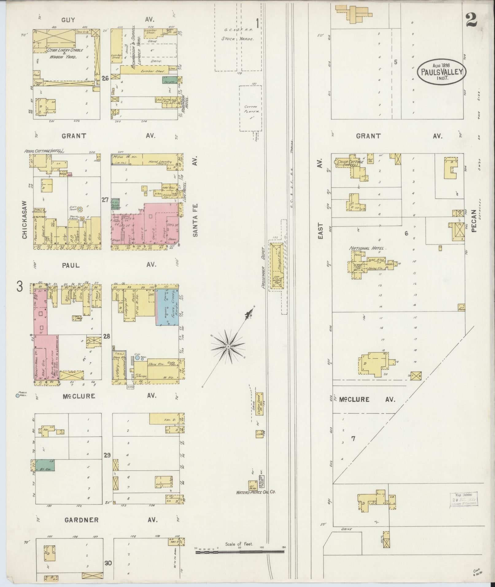 Sanborn Fire Insurance Map from Pauls Valley, Garvin County, Oklahoma (1898), Sheet #0002 - Historic Sanborn Fire Insurance Map Print, vintage old map wall art, antique decor, genealogy gift, Oklahoma Oklahoma map