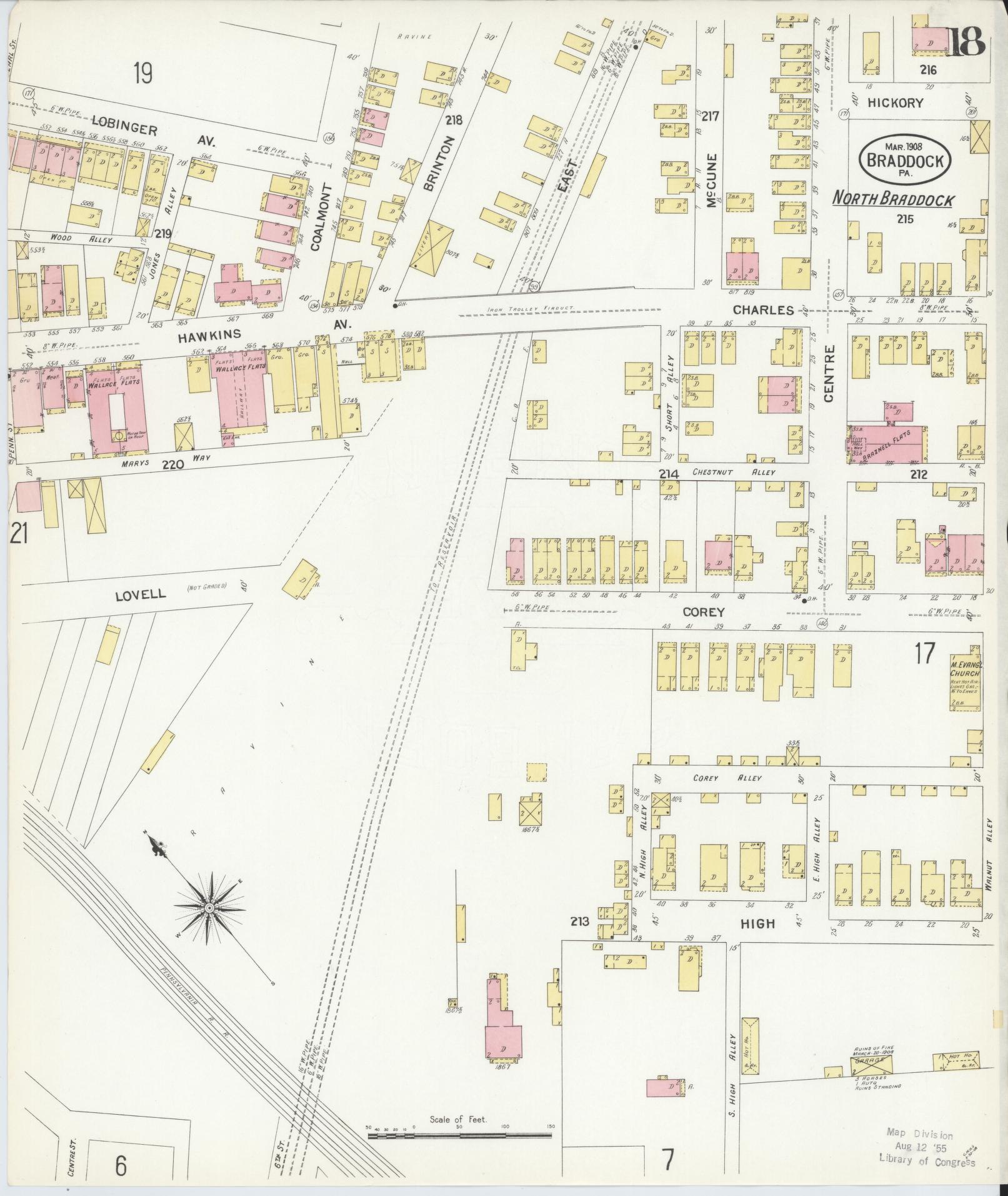 Sanborn Fire Insurance Map from Braddock, Allegheny County, Pennsylvania (1908), Sheet #0018 - Historic Sanborn Fire Insurance Map Print, vintage old map wall art, antique decor, genealogy gift, Pennsylvania Pennsylvania map