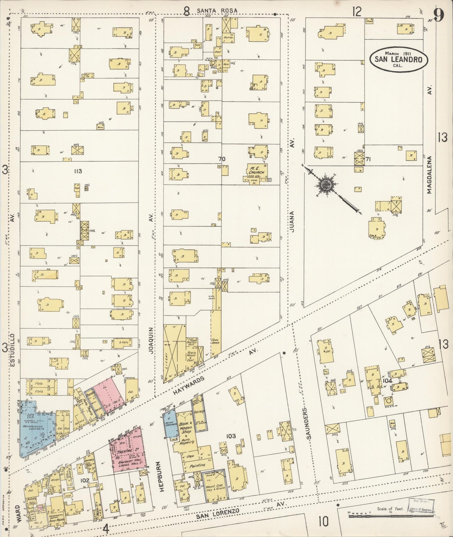 Sanborn Fire Insurance Map from San Leandro, Alameda County, California (1911), Sheet #0009 - Complete Map Set gallery image, historic Sanborn map, vintage wall art, California California