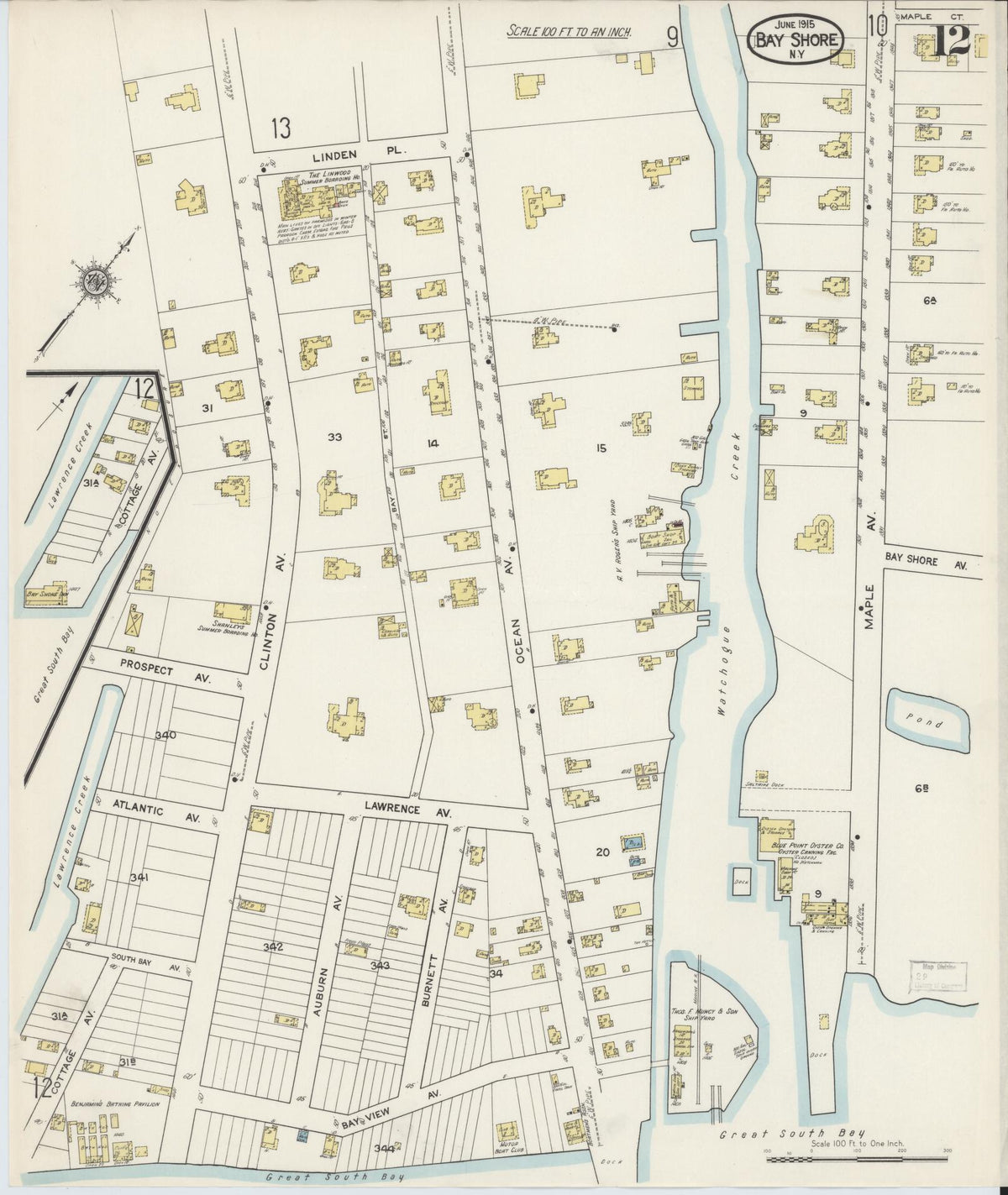 Sanborn Fire Insurance Map from Bay Shore, Suffolk County, New York (1915), Sheet #0012 - Complete Map Set gallery image, historic Sanborn map, vintage wall art, New York New York