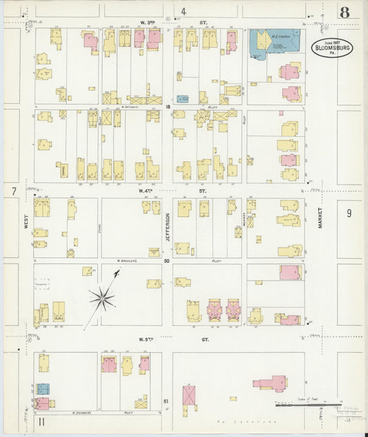 Sanborn Fire Insurance Map from Bloomsburg, Columbia County, Pennsylvania (1907), Sheet #0008 - Historic Sanborn Fire Insurance Map Print, vintage old map wall art, antique decor, genealogy gift, Pennsylvania Pennsylvania map