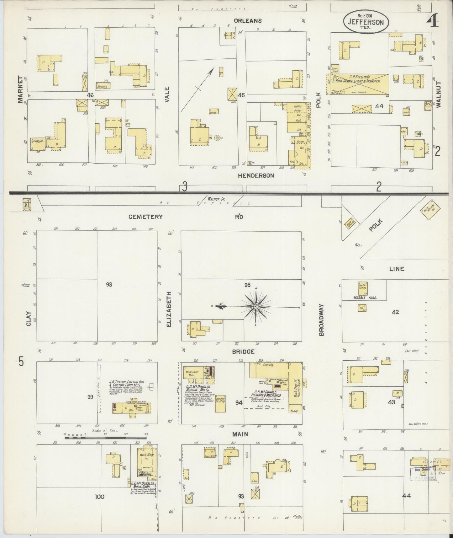 Sanborn Fire Insurance Map from Jefferson, Marion County, Texas (1901), Sheet #0004 - Historic Sanborn Fire Insurance Map Print, vintage old map wall art, antique decor, genealogy gift, Texas Texas map