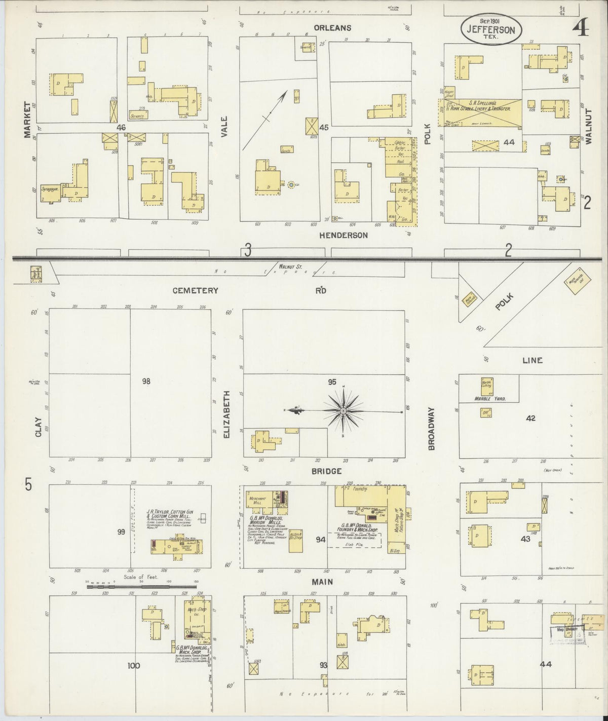 Sanborn Fire Insurance Map from Jefferson, Marion County, Texas (1901), Sheet #0004 - Historic Sanborn Fire Insurance Map Print, vintage old map wall art, antique decor, genealogy gift, Texas Texas map