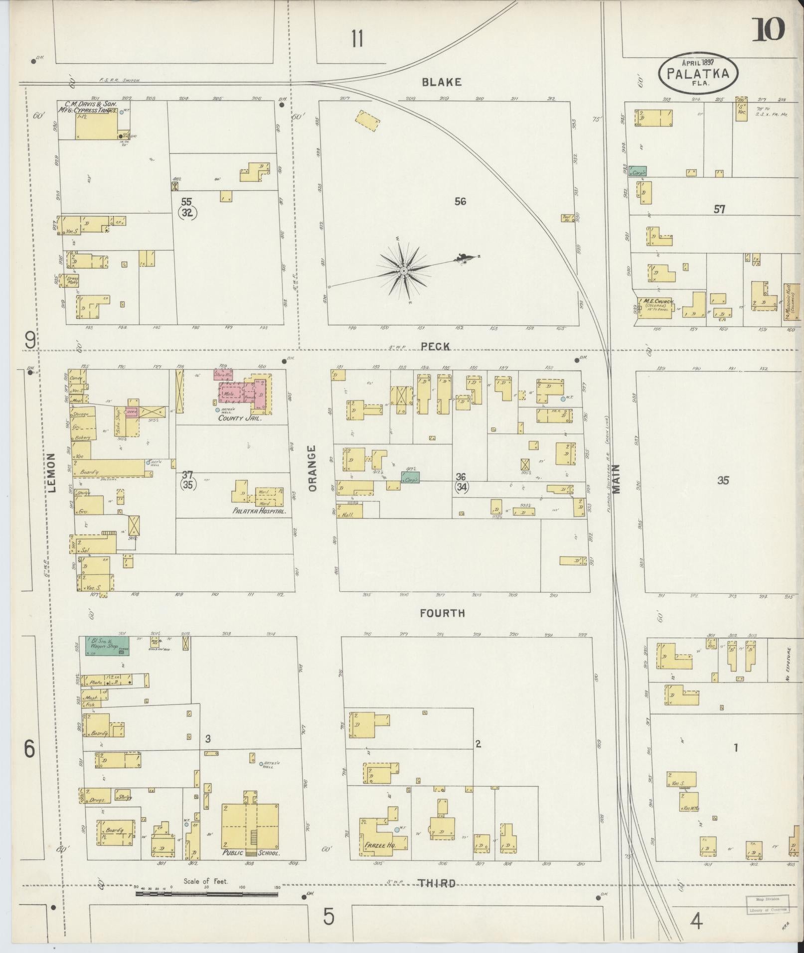 Sanborn Fire Insurance Map from Palatka, Putnam County, Florida (1897), Sheet #0010 - Complete Map Set gallery image, historic Sanborn map, vintage wall art, Florida Florida
