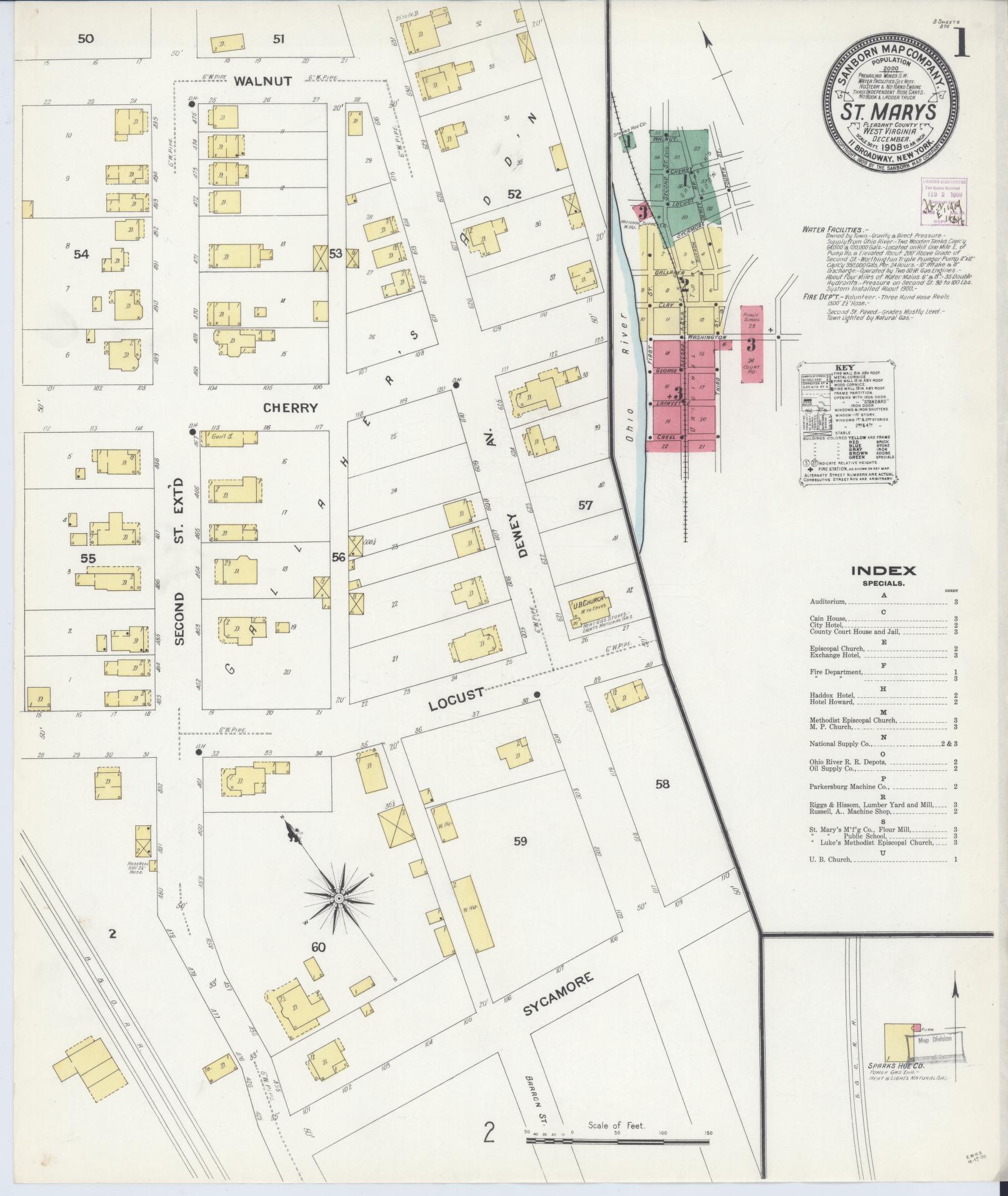 Sanborn Fire Insurance Map from Saint Marys, Pleasant County, West Virginia (1908), Sheet #0001 - Historic Sanborn Fire Insurance Map Print, vintage old map wall art, antique decor, genealogy gift, West Virginia West Virginia map