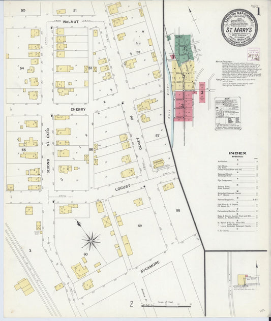 Sanborn Fire Insurance Map from Saint Marys, Pleasant County, West Virginia (1908), Sheet #0001 - Historic Sanborn Fire Insurance Map Print, vintage old map wall art, antique decor, genealogy gift, West Virginia West Virginia map
