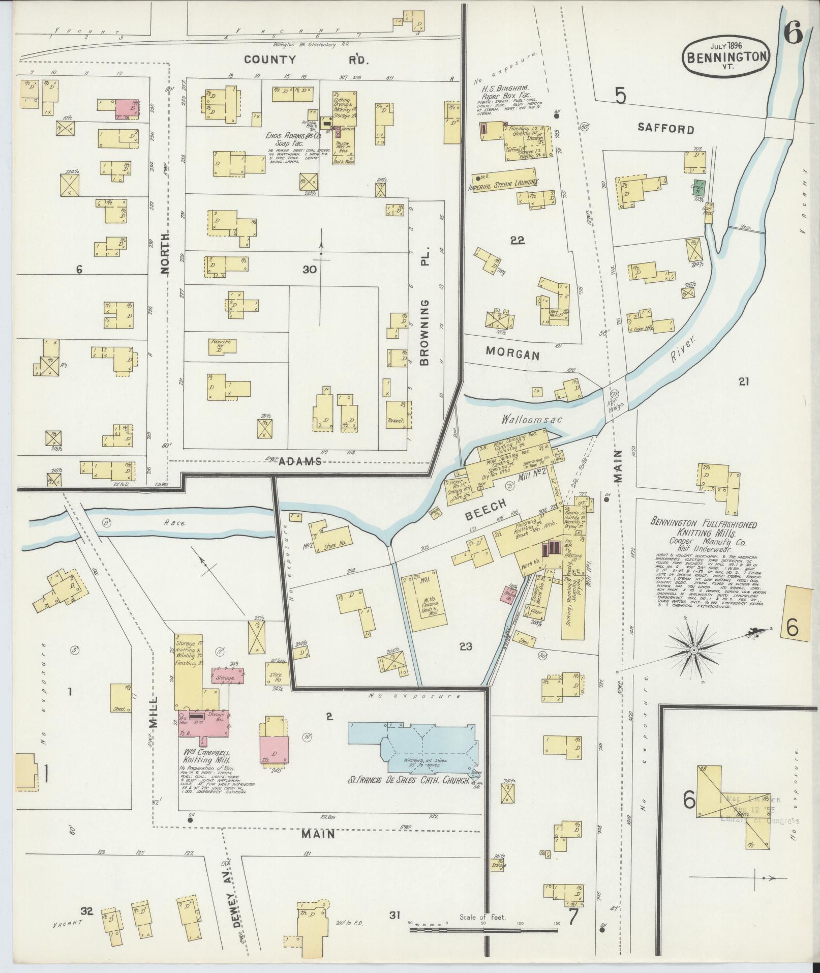 Sanborn Fire Insurance Map from Bennington, Bennington County, Vermont (1896), Sheet #0006 - Complete Map Set gallery image, historic Sanborn map, vintage wall art, Vermont Vermont
