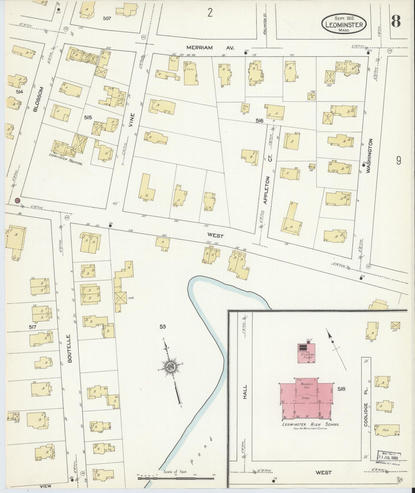 Sanborn Fire Insurance Map from Leominster, Worcester County, Massachusetts (1912), Sheet #0008 - Complete Map Set gallery image, historic Sanborn map, vintage wall art, Massachusetts Massachusetts